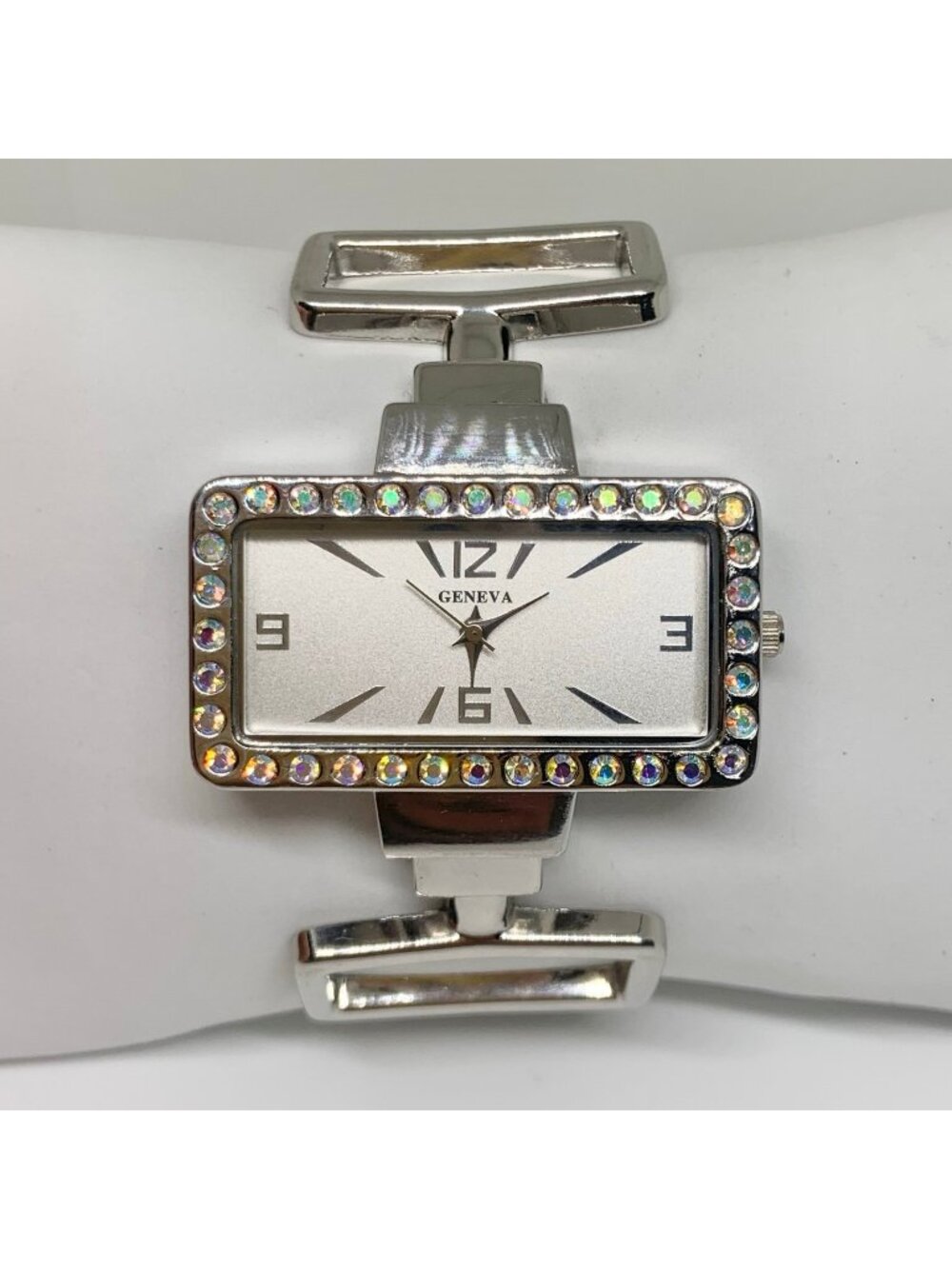 Geneva silver tone women cuff bracelet watch rhinestone rectangular 40mm running